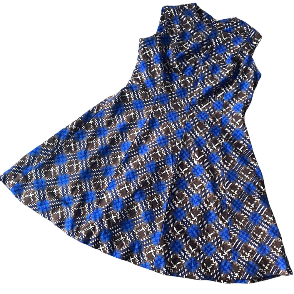 1970 Vintage blue abstract gingham Plaid‎ Fit and Flare plus Dress Sleeveless 2X